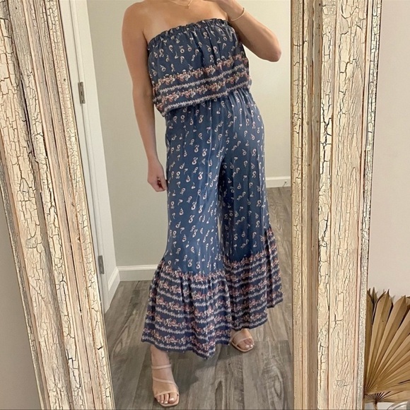 NWT Japna Blue Floral Strapless Cropped Flare Leg Boho Jumpsuit sz XS - Picture 3 of 10